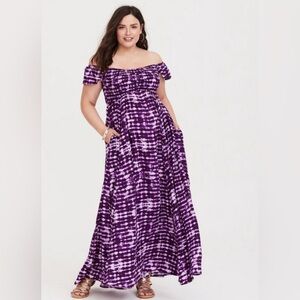 Maxi Challis Off Shoulder Ruffle Sleeve Striped Tie Dye Dress